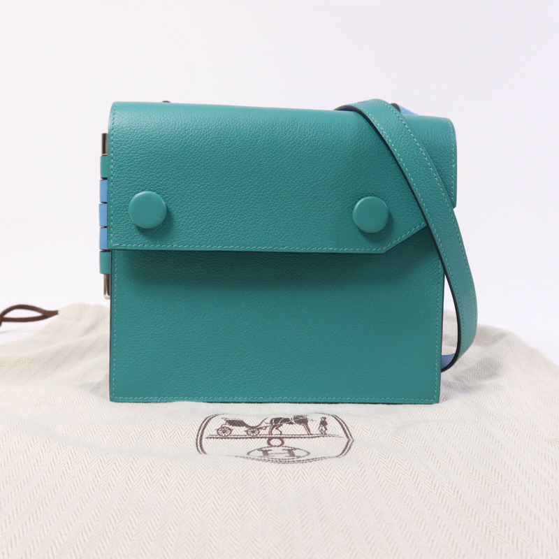 HERMES Evercolor皮革Twins銀扣肩背袋Rose Azalee/Menthe-9