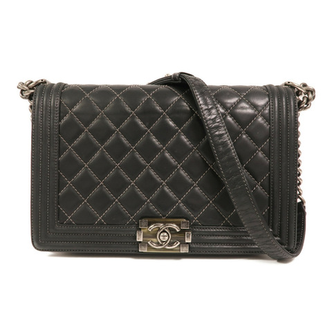 CHANEL 牛皮皮革Boy 28銀扣鏈帶肩背袋