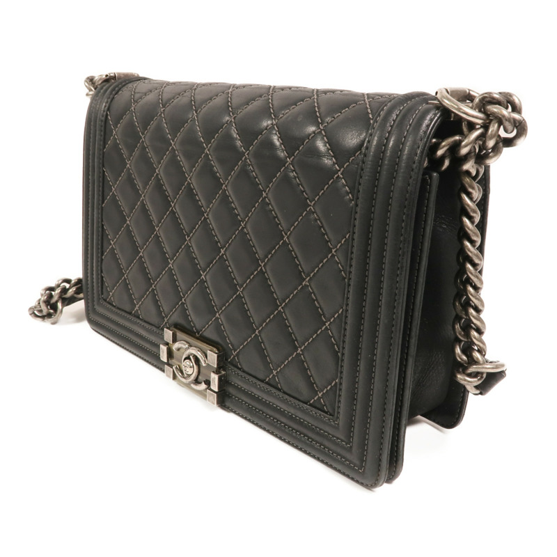 CHANEL 牛皮皮革Boy 28銀扣鏈帶肩背袋-2