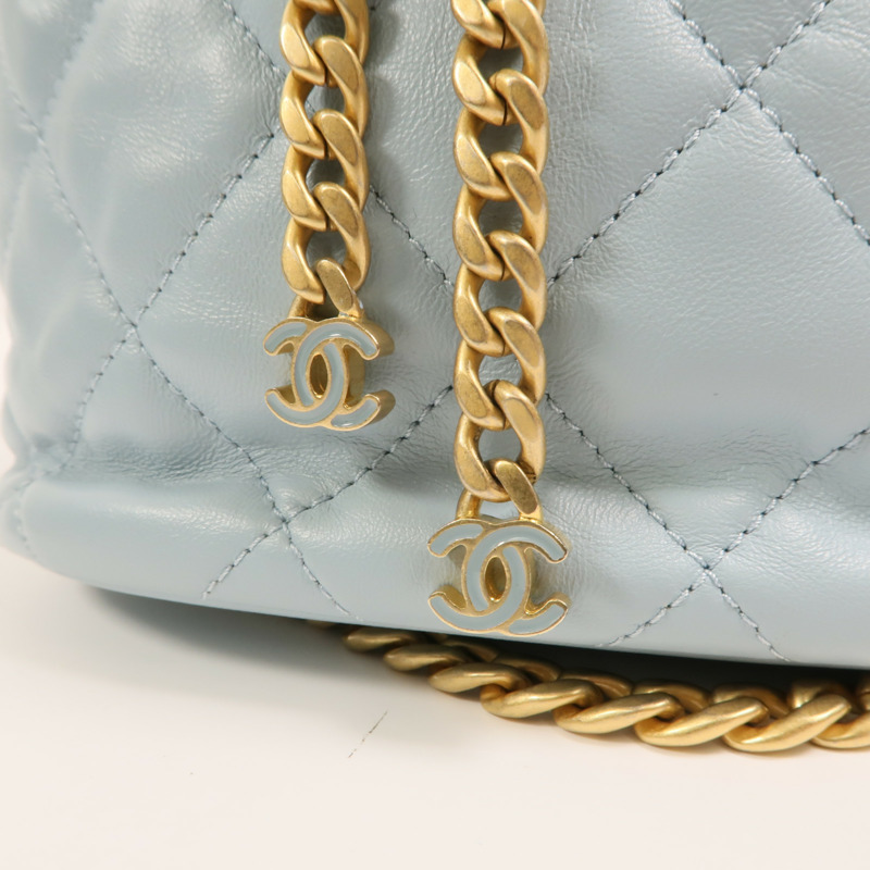 CHANEL 羊皮皮革Bucket Bag金扣鏈帶手挽肩背兩用袋-9