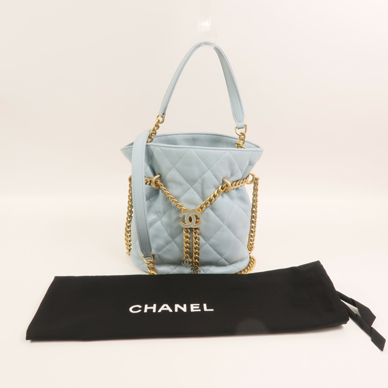 CHANEL 羊皮皮革Bucket Bag金扣鏈帶手挽肩背兩用袋-10