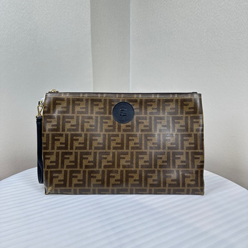 芬迪/Fendi Zucca棕色塗層帆布FF手拿包-0