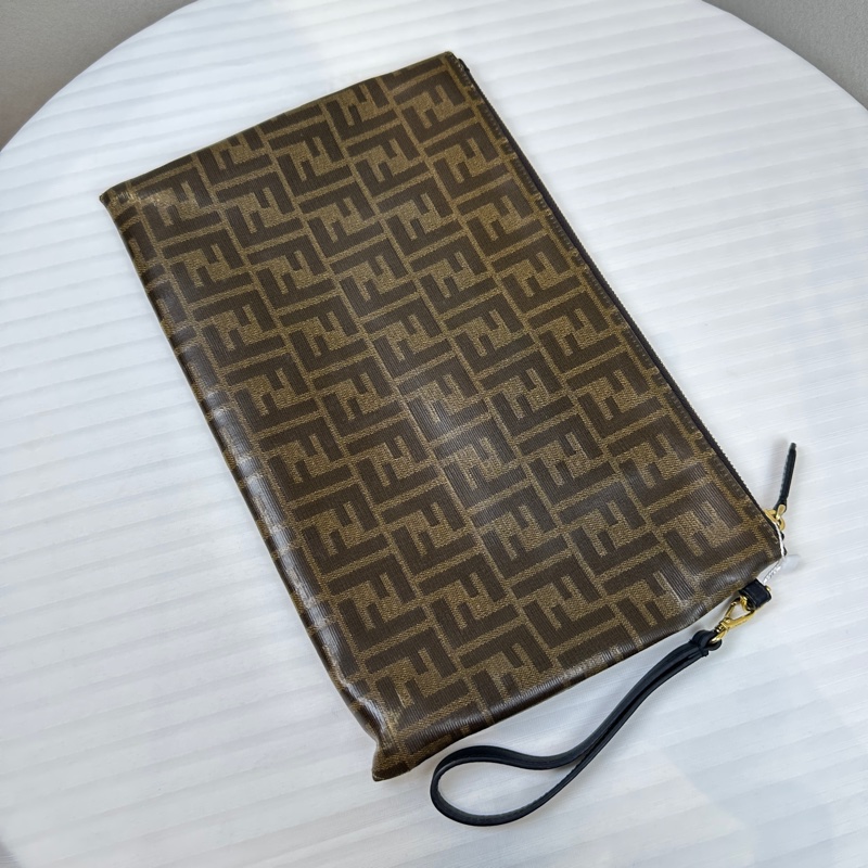 芬迪/Fendi Zucca棕色塗層帆布FF手拿包-1