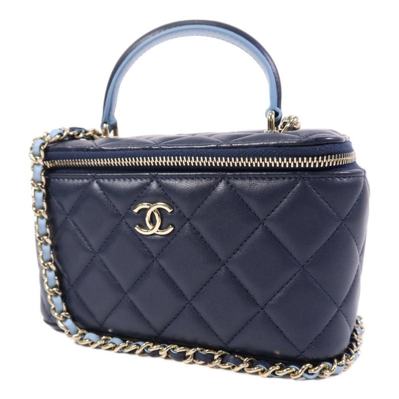 CHANEL 牛皮皮革Vanity Case銀扣鏈帶手挽肩背兩用袋-2
