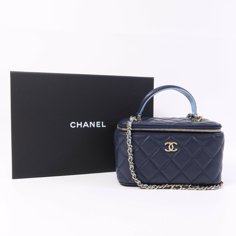 CHANEL 牛皮皮革Vanity Case銀扣鏈帶手挽肩背兩用袋-8