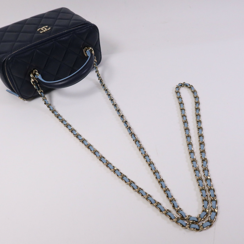 CHANEL 牛皮皮革Vanity Case銀扣鏈帶手挽肩背兩用袋-9