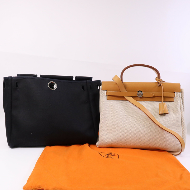 HERMES 帆布Herbag PM手挽肩背銀扣兩用袋Black/Beige-8