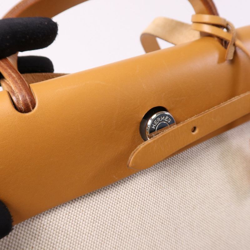 HERMES 帆布Herbag PM手挽肩背銀扣兩用袋Black/Beige-16