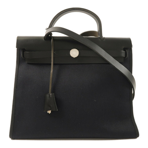 HERMES 帆布牛皮皮革Herbag PM銀扣手挽肩背兩用袋Noir