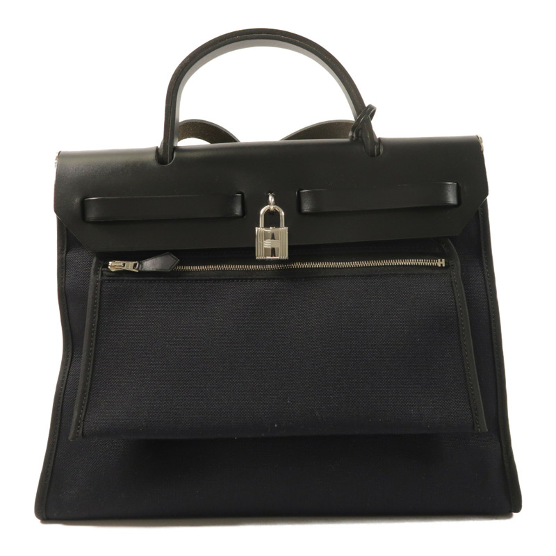 HERMES 帆布牛皮皮革Herbag PM銀扣手挽肩背兩用袋Noir-1