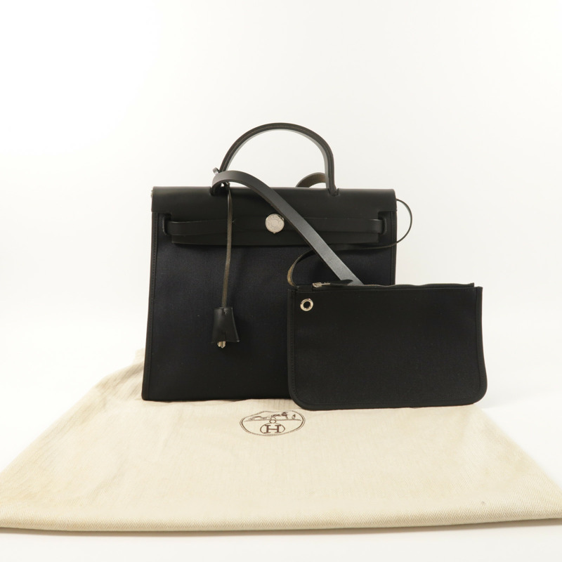 HERMES 帆布牛皮皮革Herbag PM銀扣手挽肩背兩用袋Noir-7