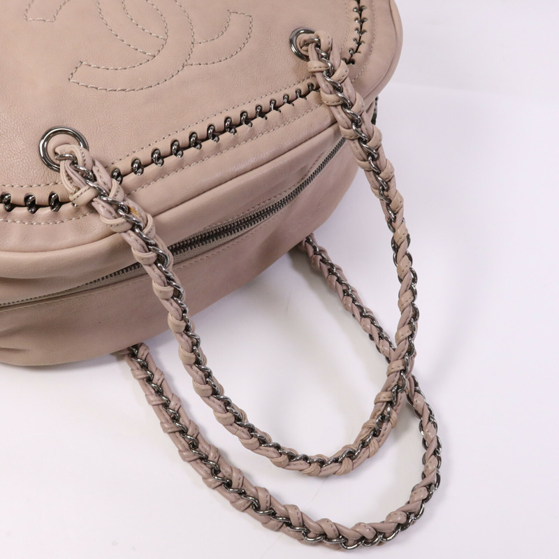 CHANEL 牛皮皮革Boston Bag銀扣鏈帶手挽袋-8