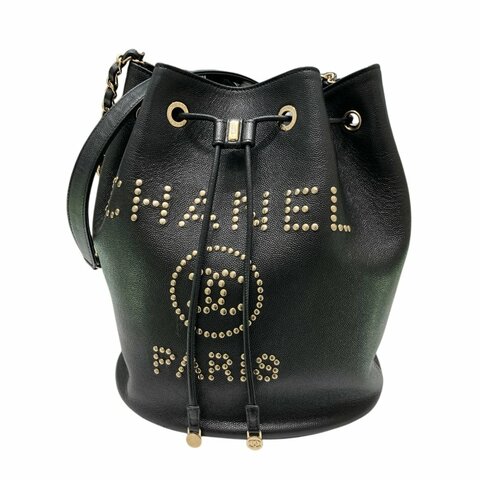 CHANEL 香奈兒 AS1045 皮革 鉚釘水桶包 黑色