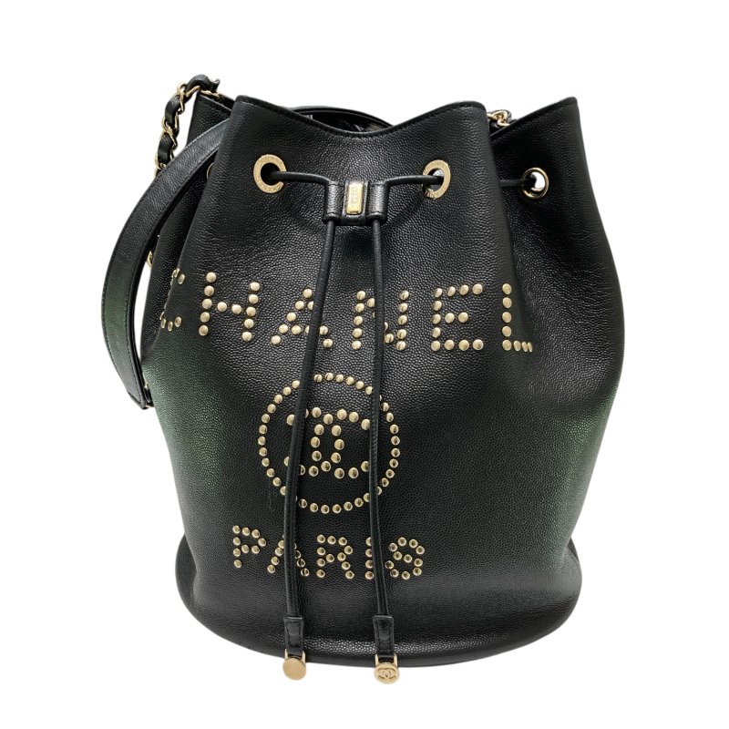 CHANEL 香奈兒 AS1045 皮革 鉚釘水桶包 黑色-0