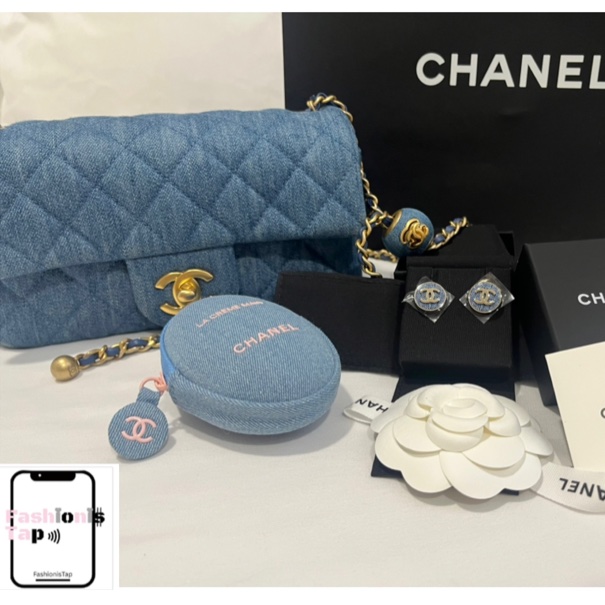 全新 Chanel 丹寧牛仔 耳針 耳環-0