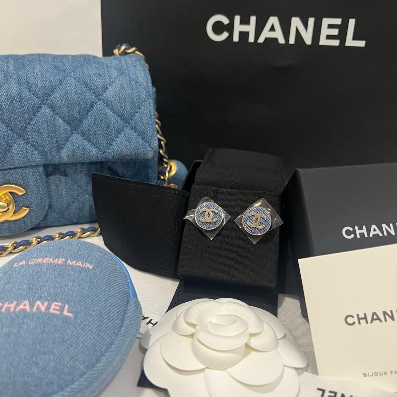 全新 Chanel 丹寧牛仔 耳針 耳環-3
