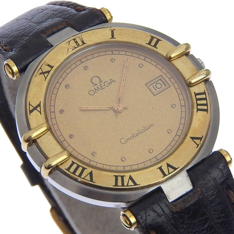 歐米茄星座系列女士腕錶,不鏽鋼和皮革錶殼,石英機芯,指針式顯示,金色錶盤-2