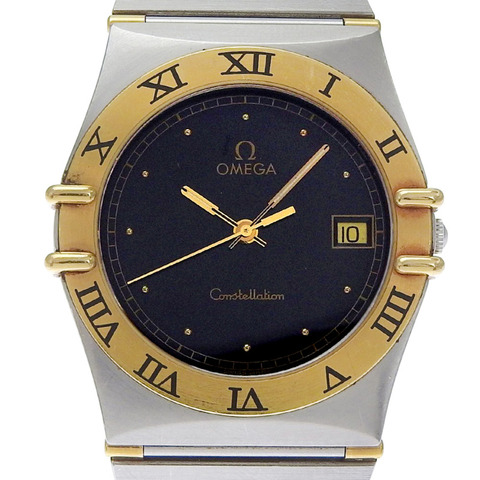 歐米茄星座系列男士腕錶，不鏽鋼錶殼，銀色石英機芯，指針式顯示，黑色錶盤