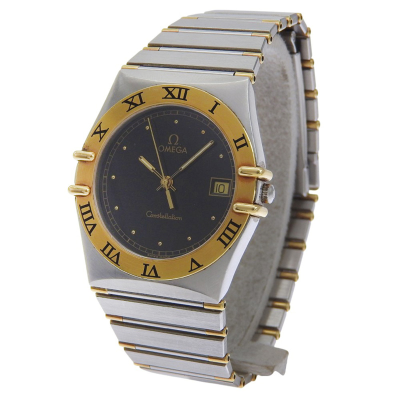 歐米茄星座系列男士腕錶,不鏽鋼錶殼,銀色石英機芯,指針式顯示,黑色錶盤-1