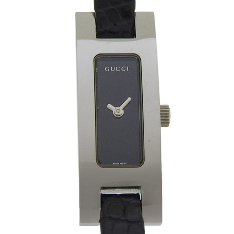 Gucci 3900L 女士腕錶，不鏽鋼和皮革錶殼，石英機芯，指針式顯示，黑色錶盤