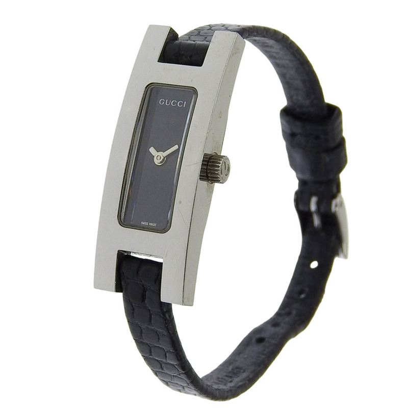 Gucci 3900L 女士腕錶,不鏽鋼和皮革錶殼,石英機芯,指針式顯示,黑色錶盤-1