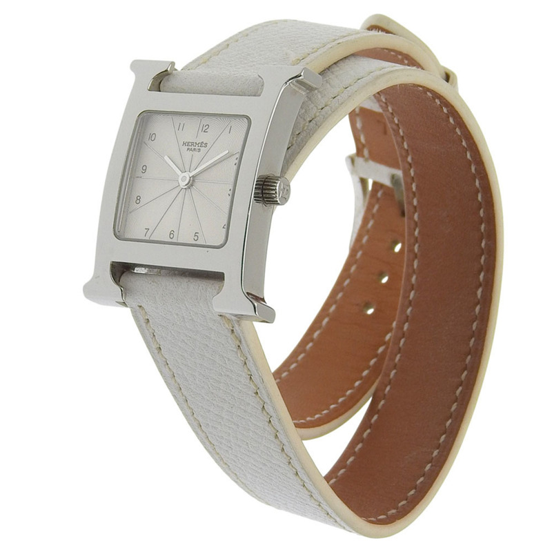 愛馬仕 H Watch Double Tour HH1.210，不銹鋼和光滑皮革，法國製造，2012 年，銀色 P 石英機芯，模擬顯示，白色錶盤，女士腕錶。-1
