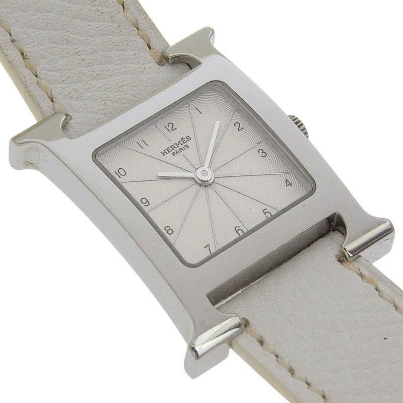 愛馬仕 H Watch Double Tour HH1.210，不銹鋼和光滑皮革，法國製造，2012 年，銀色 P 石英機芯，模擬顯示，白色錶盤，女士腕錶。-2