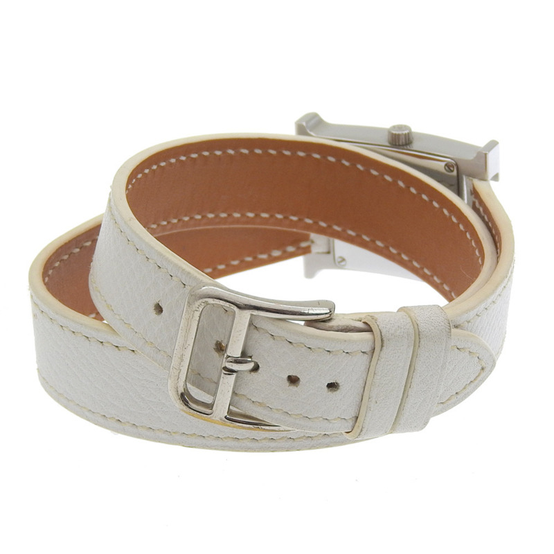愛馬仕 H Watch Double Tour HH1.210，不銹鋼和光滑皮革，法國製造，2012 年，銀色 P 石英機芯，模擬顯示，白色錶盤，女士腕錶。-3