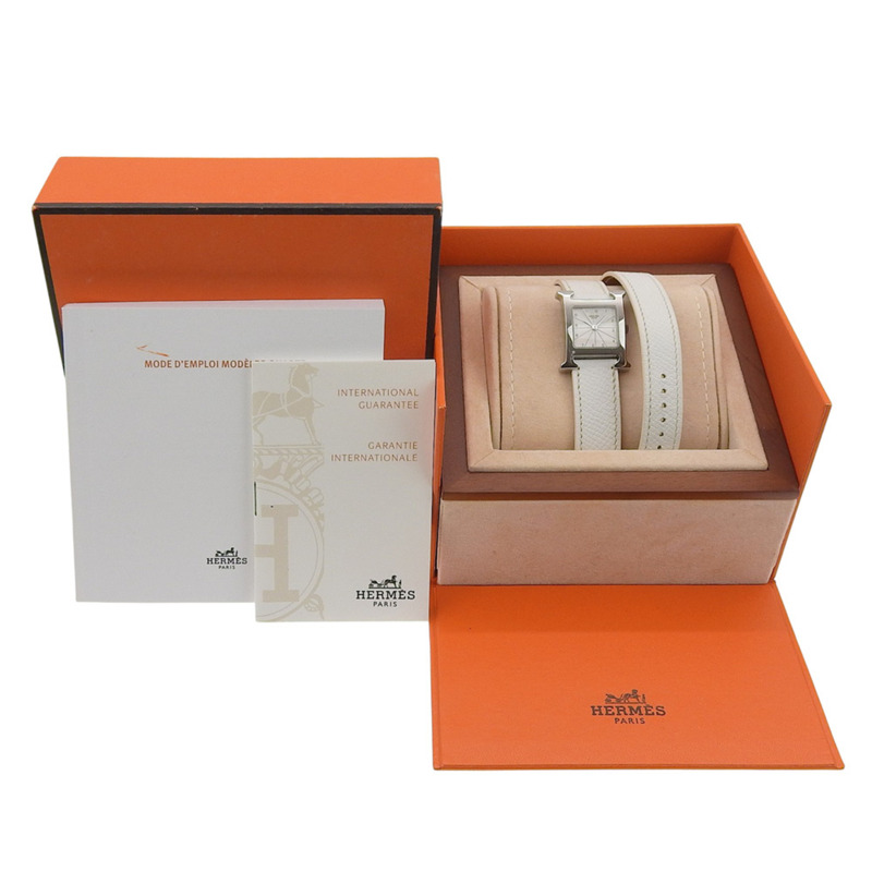 愛馬仕 H Watch Double Tour HH1.210，不銹鋼和光滑皮革，法國製造，2012 年，銀色 P 石英機芯，模擬顯示，白色錶盤，女士腕錶。-8