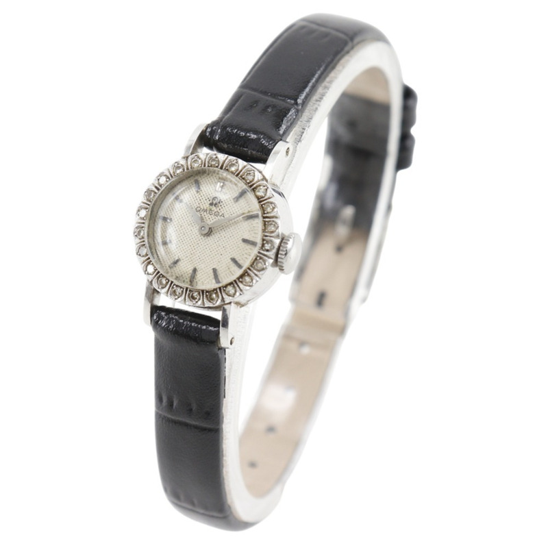 歐米茄古董腕錶,Cal. 481機芯,鉑金材質,鑲鑽,壓紋皮革錶帶,手動上鍊,指針式顯示,白色錶盤,女士款-1