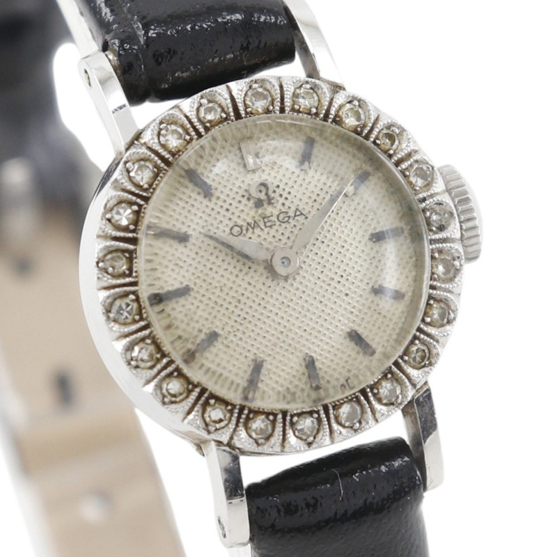 歐米茄古董腕錶,Cal. 481機芯,鉑金材質,鑲鑽,壓紋皮革錶帶,手動上鍊,指針式顯示,白色錶盤,女士款-2