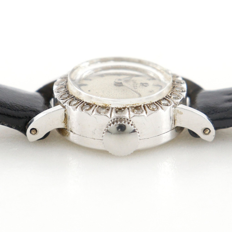 歐米茄古董腕錶,Cal. 481機芯,鉑金材質,鑲鑽,壓紋皮革錶帶,手動上鍊,指針式顯示,白色錶盤,女士款-6