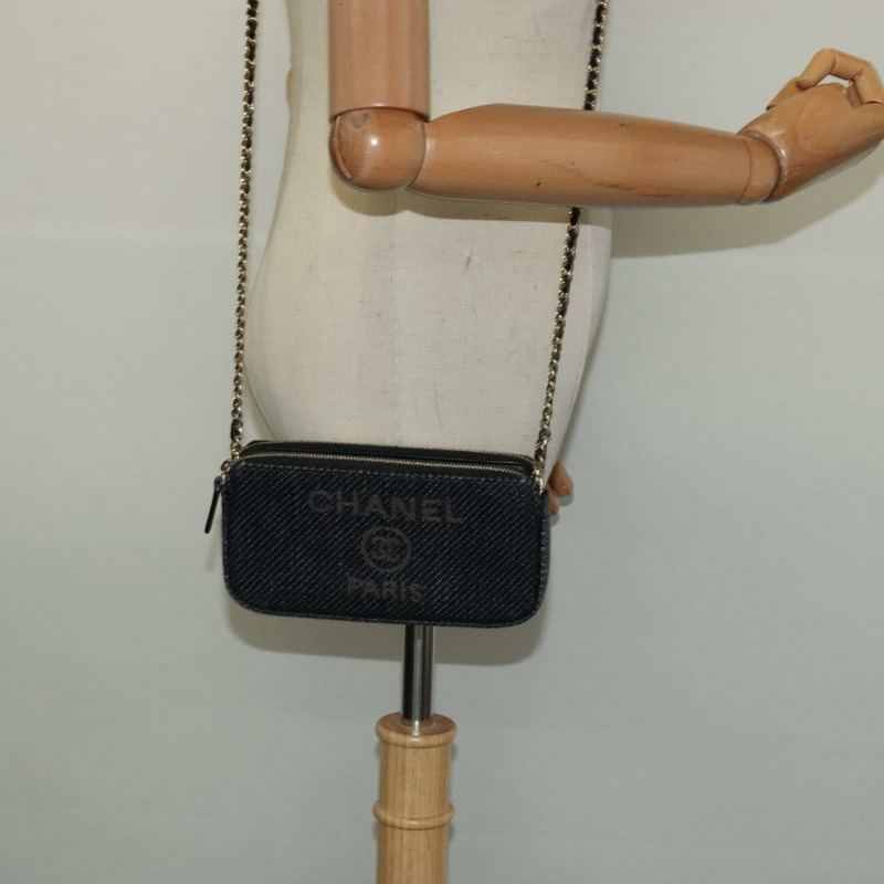 【日本直送】香奈兒 Deauville 系列 COCO 標誌鏈皮夾 拉菲草編織 海軍藍 金色 CC 認證 127827M-22