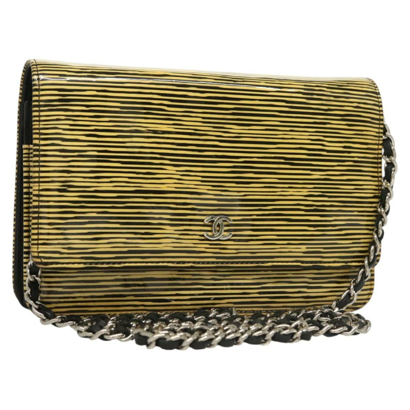 【日本直送】香奈兒漆皮鏈條錢包，黃色，銀色雙C標誌，貨號128843A-0