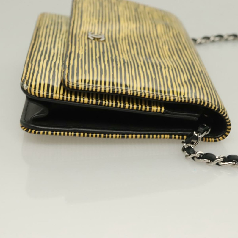 【日本直送】香奈兒漆皮鏈條錢包，黃色，銀色雙C標誌，貨號128843A-2