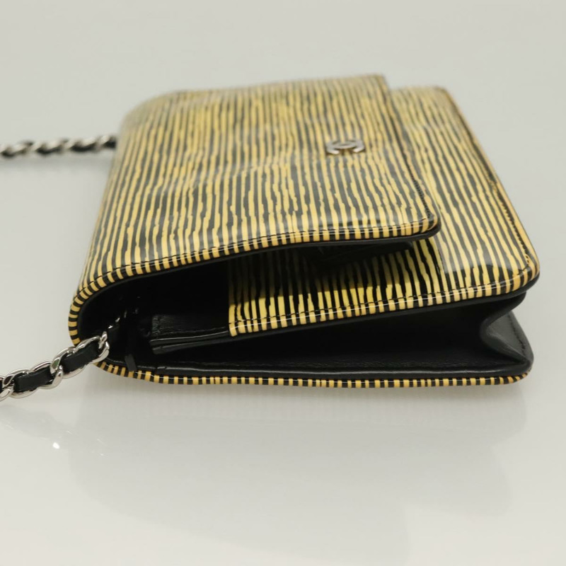 【日本直送】香奈兒漆皮鏈條錢包，黃色，銀色雙C標誌，貨號128843A-3