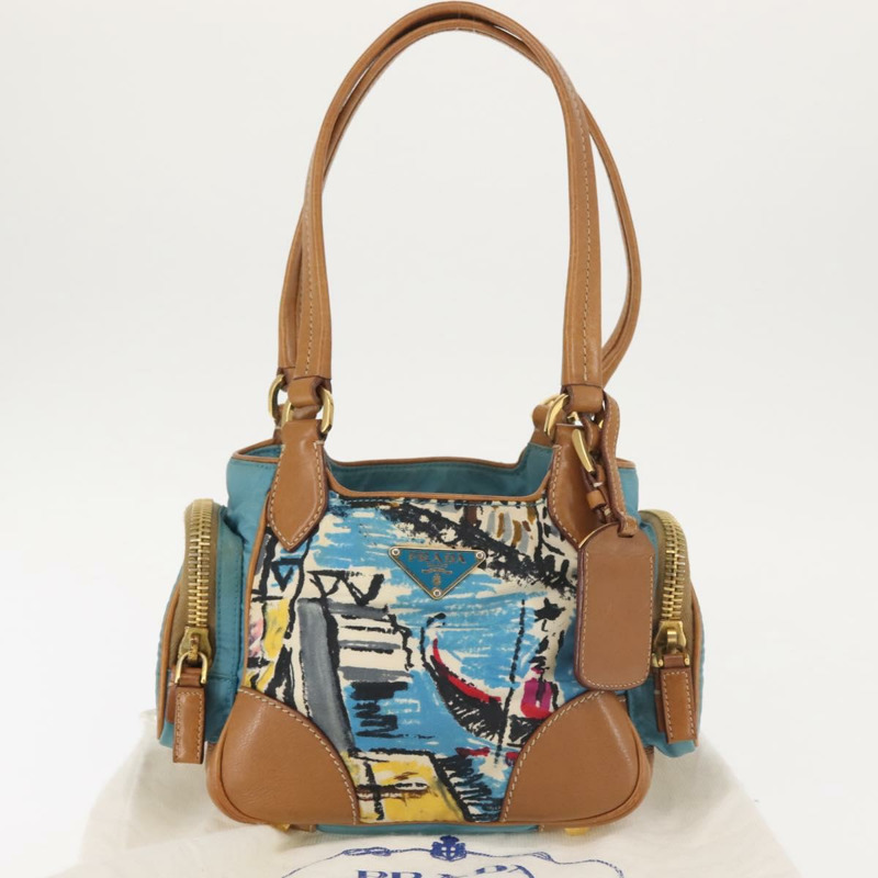 【日本直送】PRADA Venice 手提包 尼龍 淺藍色 金色 正品 145925A-11