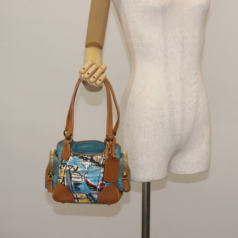 【日本直送】PRADA Venice 手提包 尼龍 淺藍色 金色 正品 145925A-26