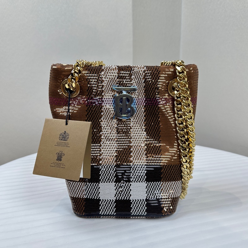 全新有Tag Burberry 格紋閃片金扣鏈條單肩包-0