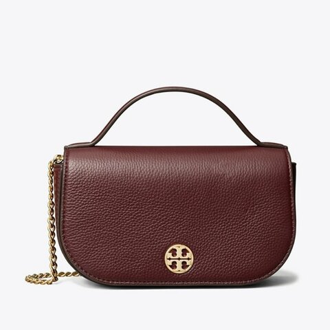 【TORY BURCH】荔枝皮革翻蓋手提/斜背包-酒紅