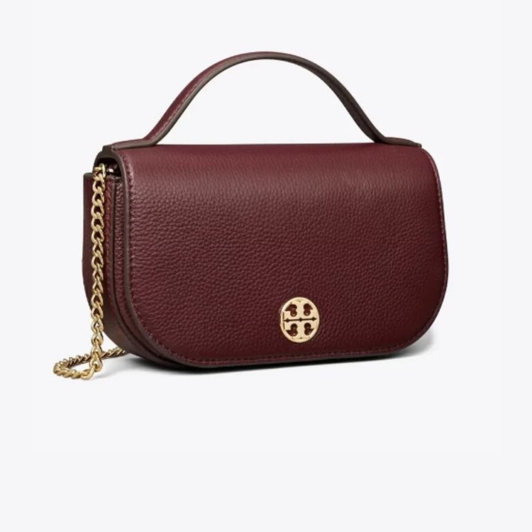 【TORY BURCH】荔枝皮革翻蓋手提/斜背包-酒紅-2