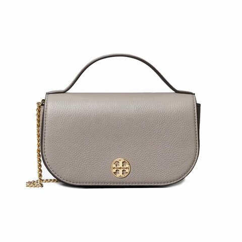 【TORY BURCH】荔枝皮革翻蓋手提/斜背包-奶茶灰