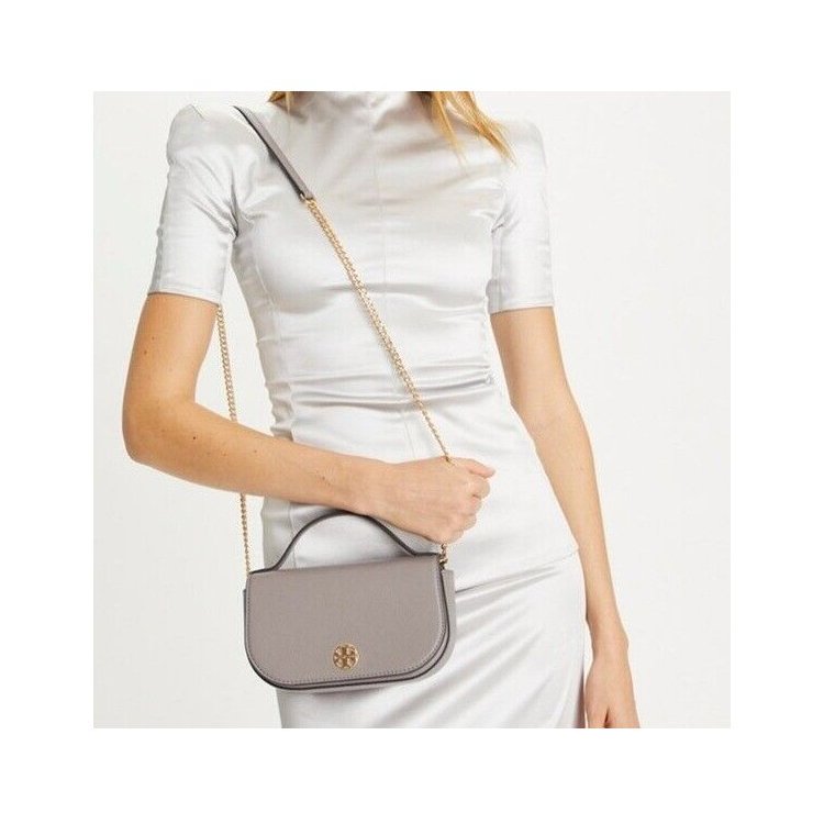 【TORY BURCH】荔枝皮革翻蓋手提/斜背包-奶茶灰-3