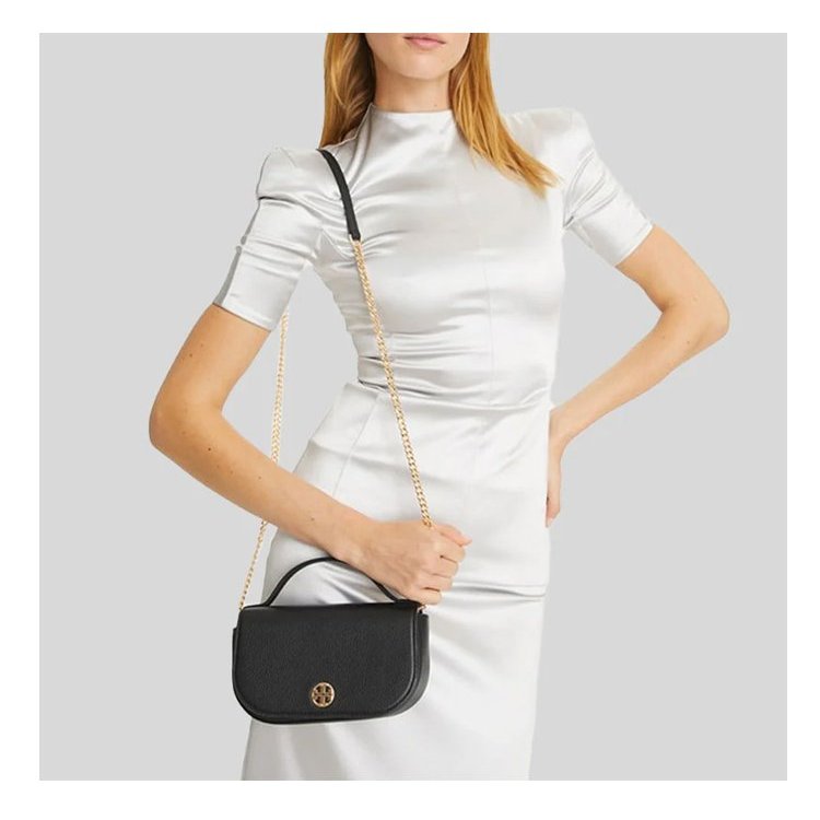 【TORY BURCH】荔枝皮革翻蓋手提/斜背包-黑-3