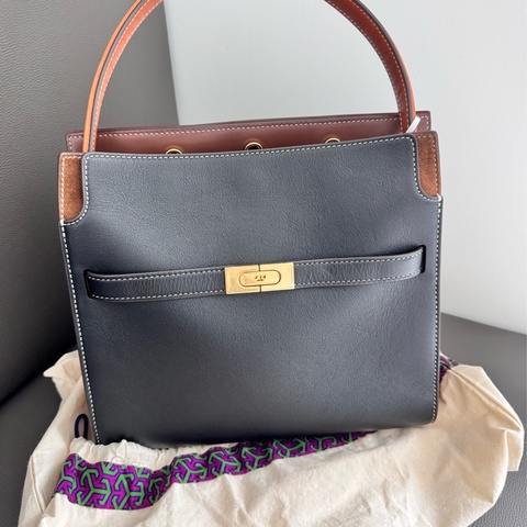 TORY BURCH Lee Radziwill 拼色明線邊麂皮 襯裡手提/斜背包 九成新