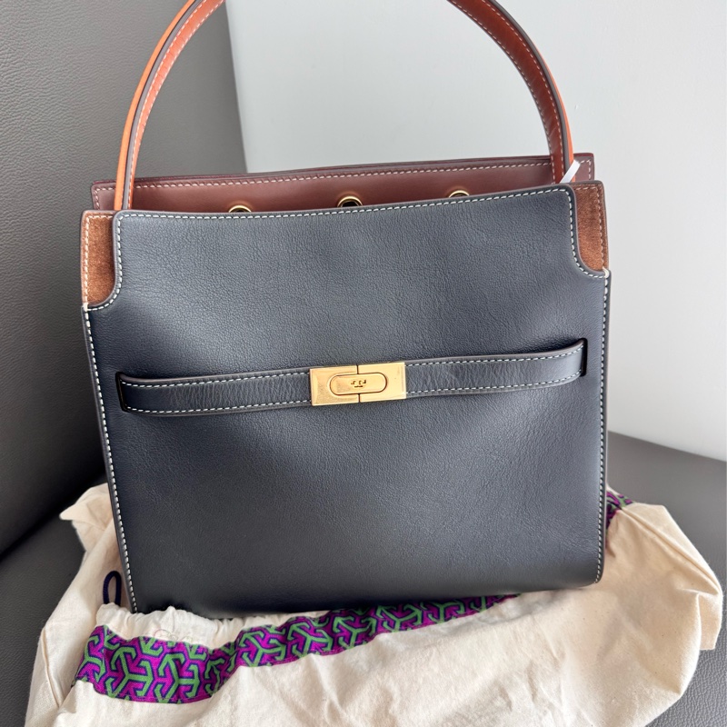 TORY BURCH Lee Radziwill 拼色明線邊麂皮 襯裡手提/斜背包 九成新-0