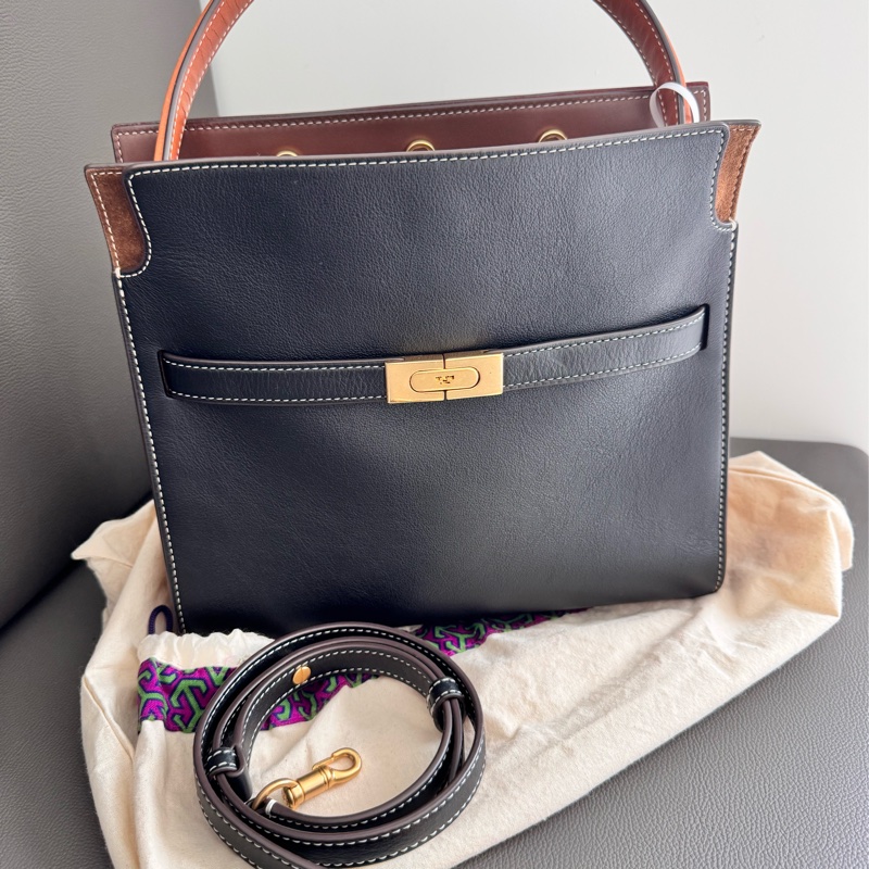 TORY BURCH Lee Radziwill 拼色明線邊麂皮 襯裡手提/斜背包 九成新-4