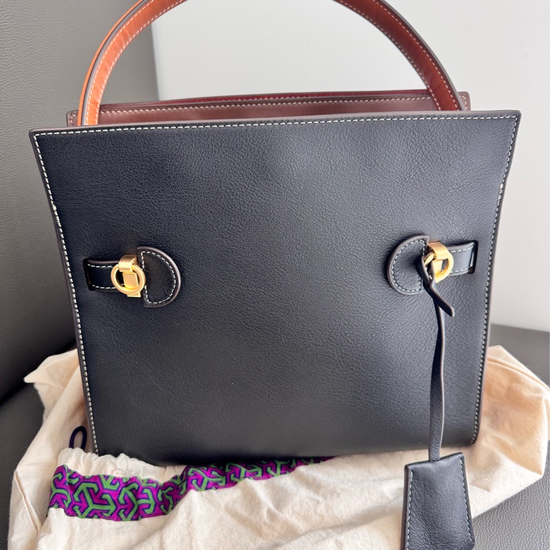 TORY BURCH Lee Radziwill 拼色明線邊麂皮 襯裡手提/斜背包 九成新-6