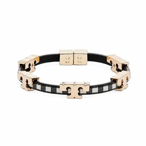【TORY BURCH】黑白格皮革T字金屬LOGO手環