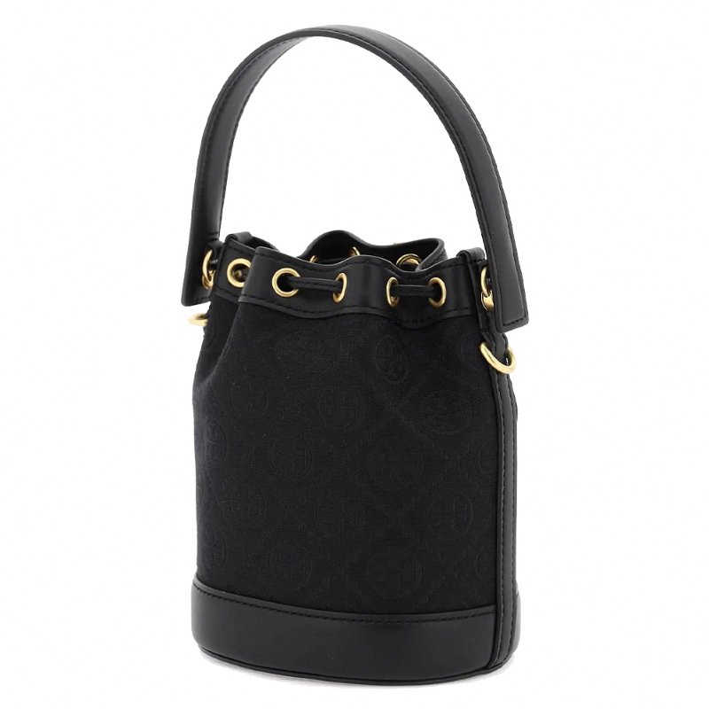 【TORY BURCH】緹花織布拼接皮革束口水桶包-黑-2